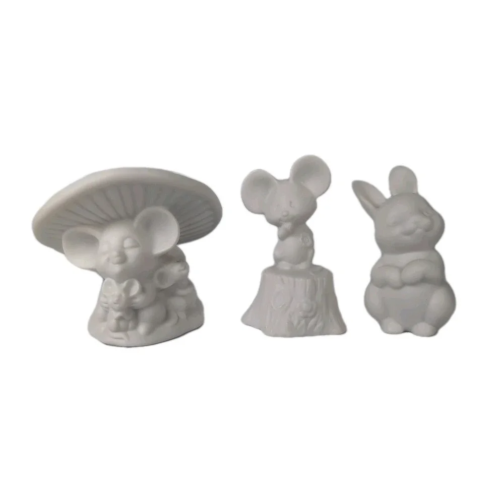 Hallmark Lot Of 3 Vintage Figurines Bunny, Mouse, & Mice Under A Mushroom Bisque